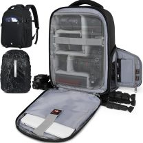 RAINSMORE Camera Backpack Camera Bag for Photographers DSLR SLR Mirrorless Camera Cases with Waterproof Rain Cover & Laptop Compartment Fits 14 Inch Laptop,Anti Theft Travel photography backpack,Black