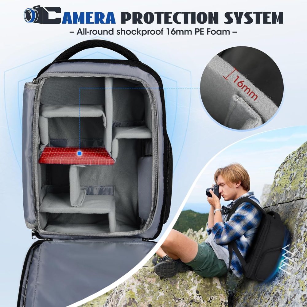 RAINSMORE Camera Backpack Camera Bag for Photographers DSLR SLR Mirrorless Camera Cases with Waterproof Rain Cover & Laptop Compartment Fits 14 Inch Laptop,Anti Theft Travel photography backpack,Black - Image 3