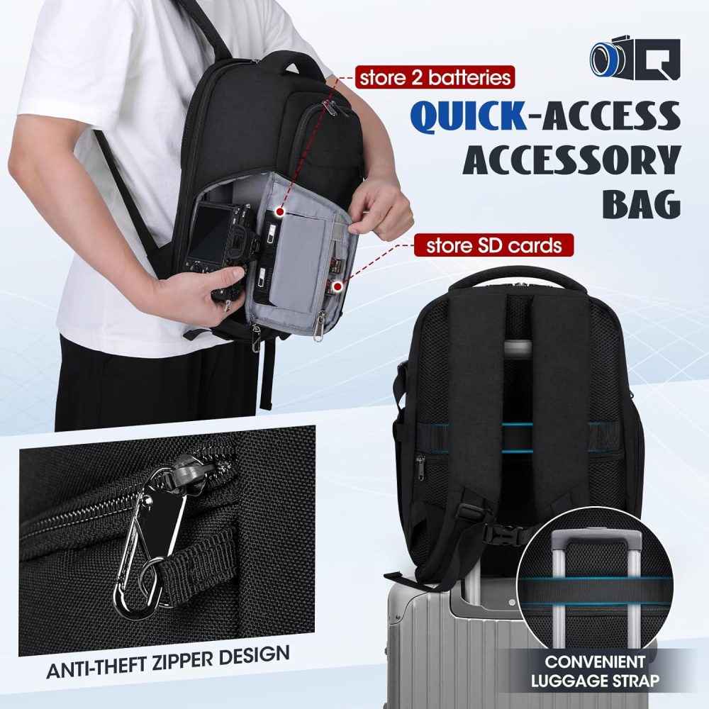 RAINSMORE Camera Backpack Camera Bag for Photographers DSLR SLR Mirrorless Camera Cases with Waterproof Rain Cover & Laptop Compartment Fits 14 Inch Laptop,Anti Theft Travel photography backpack,Black - Image 6