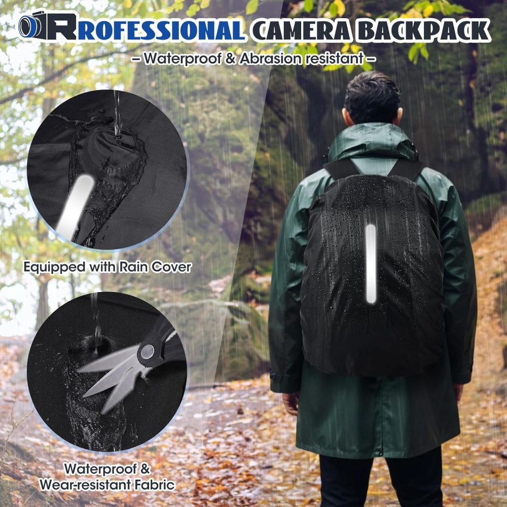 RAINSMORE Camera Backpack Camera Bag for Photographers DSLR SLR Mirrorless Camera Cases with Waterproof Rain Cover & Laptop Compartment Fits 14 Inch Laptop,Anti Theft Travel photography backpack,Black - Image 7