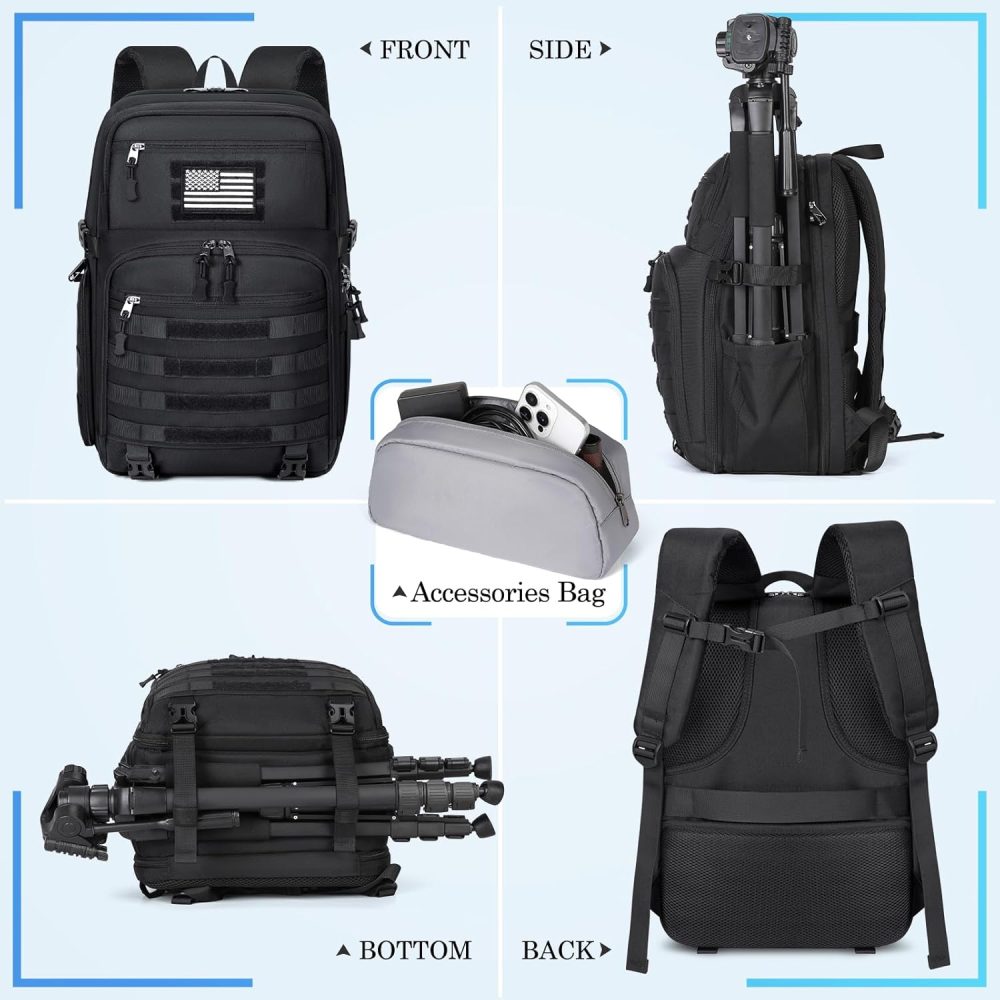 SDYSM Camera Backpack Bag Professional for DSLR/SLR Mirrorless Camera Waterproof 15.6 inch Tactical Camera Bags for Photographers with Rain Cover, Tripod Holder, Small Bag Photography Backpack Case - Image 9